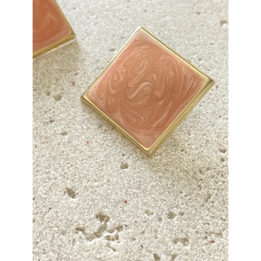 Square Blush Pink Marbled Enamel Stud‎ Earrings Gold Tone Geometric Retro Bold